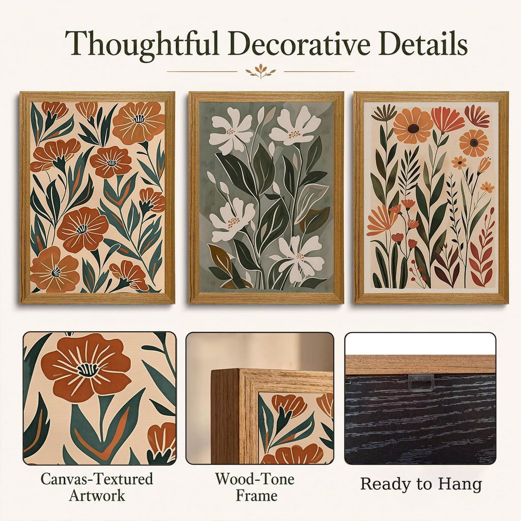 3 Piece Framed Floral Wall Art Mid Century Canvas Prints Boho Picture Decor