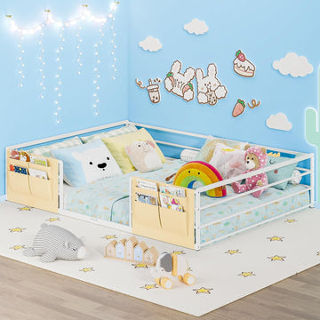Floor Bed for Kids with Safety Guardrails and Bedside Caddy