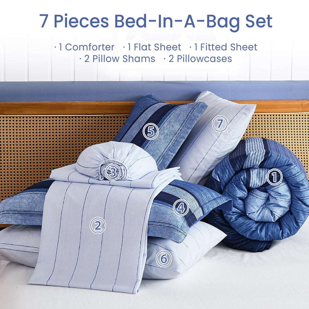 Navy Blue Comforter Set, 7 Pieces Striped Bed in a Bag