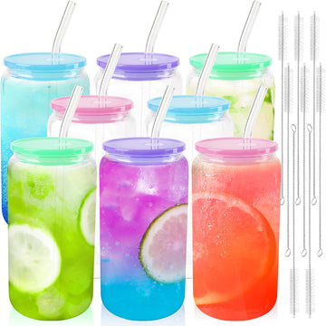 8pcs 16 oz Glass Cups with Acrylic Lids and Straws Can Shaped Iced Coffee Glasses Cute Tumbler Set Drinking Jars for
