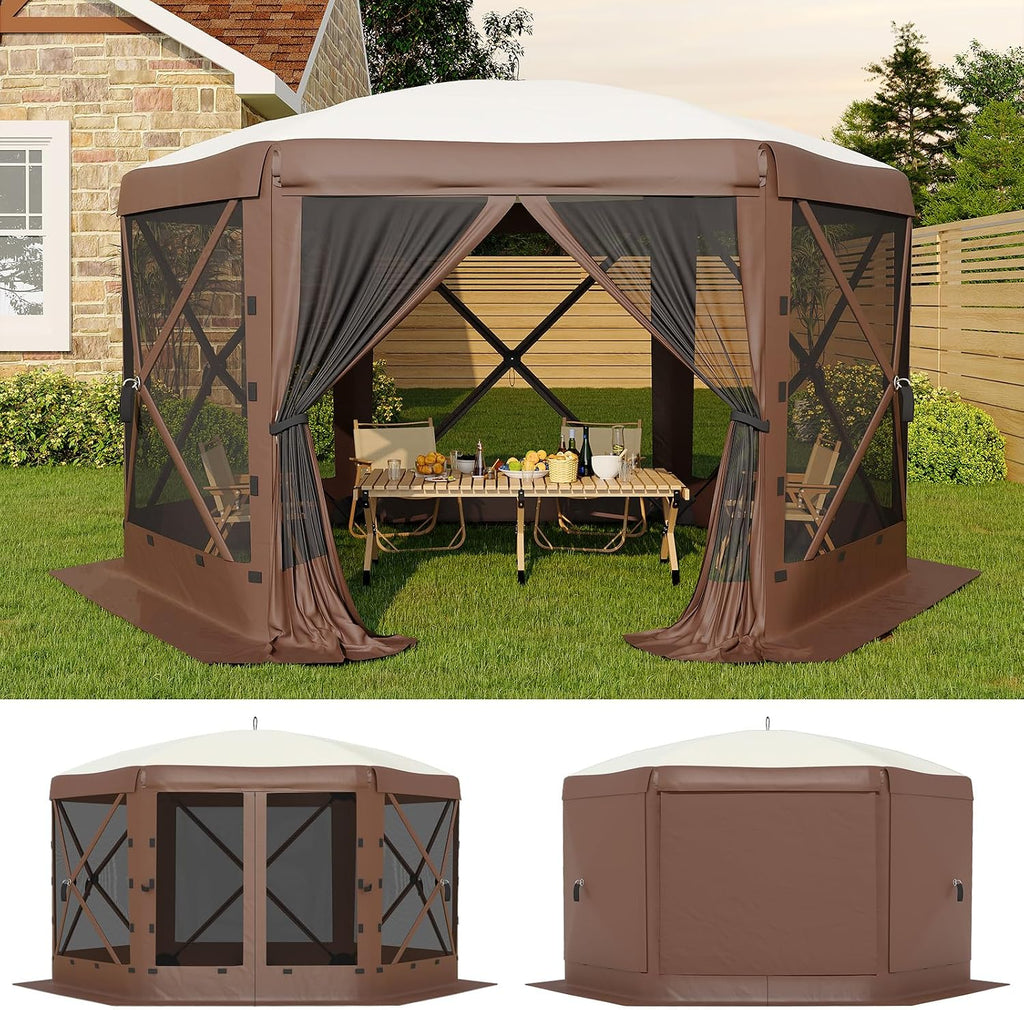 11.5x11.5FT 6-Sided Pop Up Gazebo Tent，One-Push Setup Canopy Tent with Mesh Panels & Removable Wind Cloths