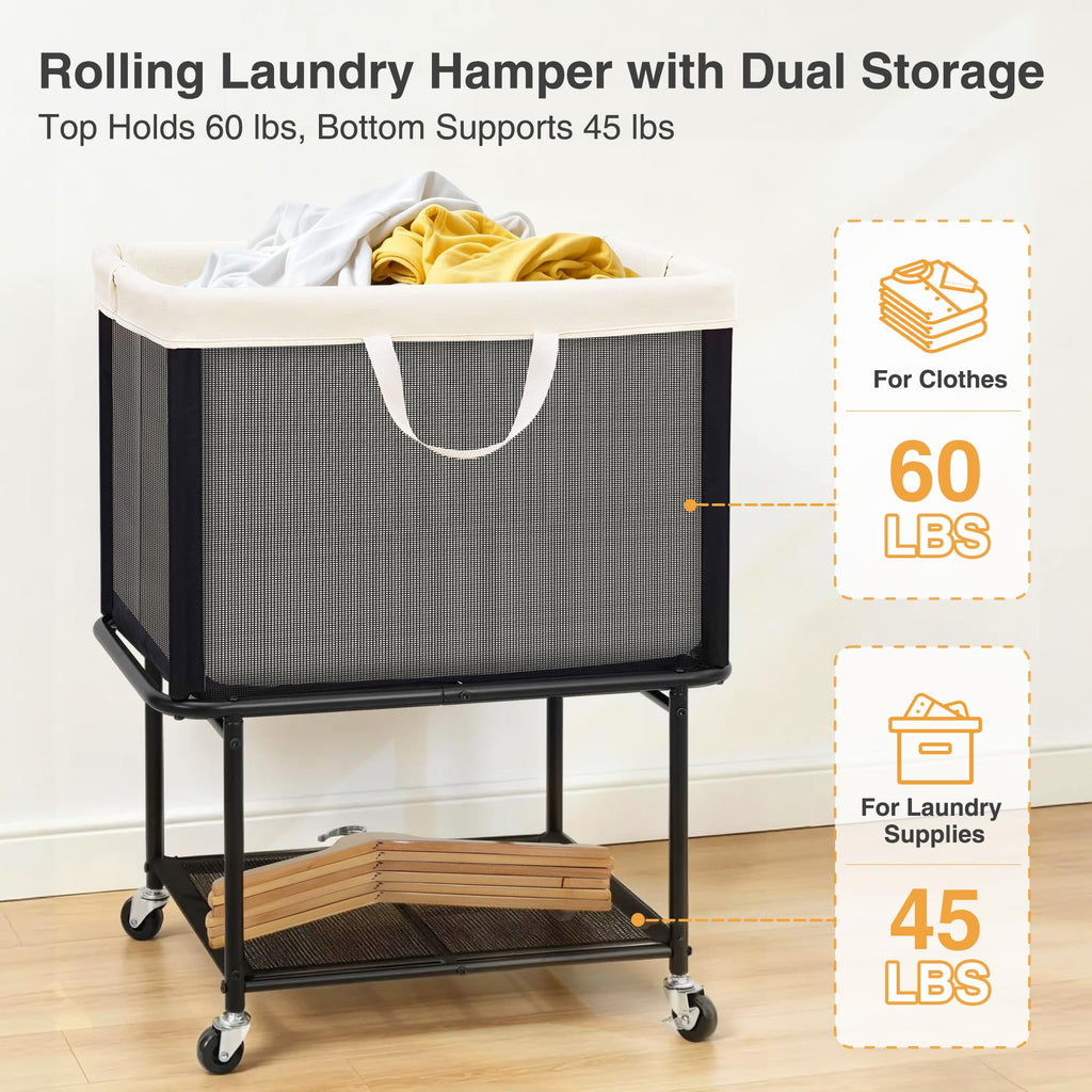 Rolling Laundry Hamper with Lockable Wheels, 29-Gallon (110L) Laundry Cart with Removable Canvas Bag, 2-Tier Clothes