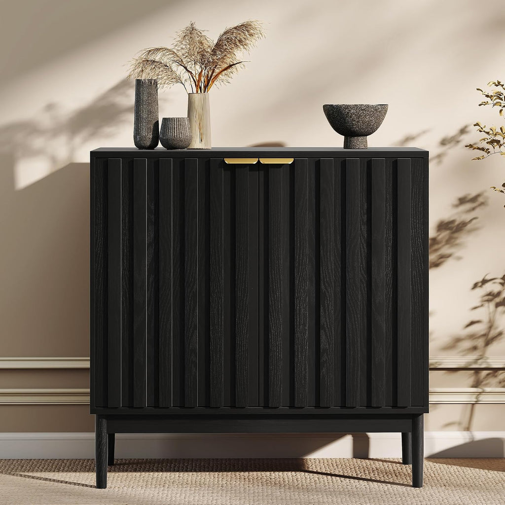 Fluted Cabinet with Storage, Buffet Cabinet Sideboard with 2 Doors, Black Buffet Storage Accent Cabinets with
