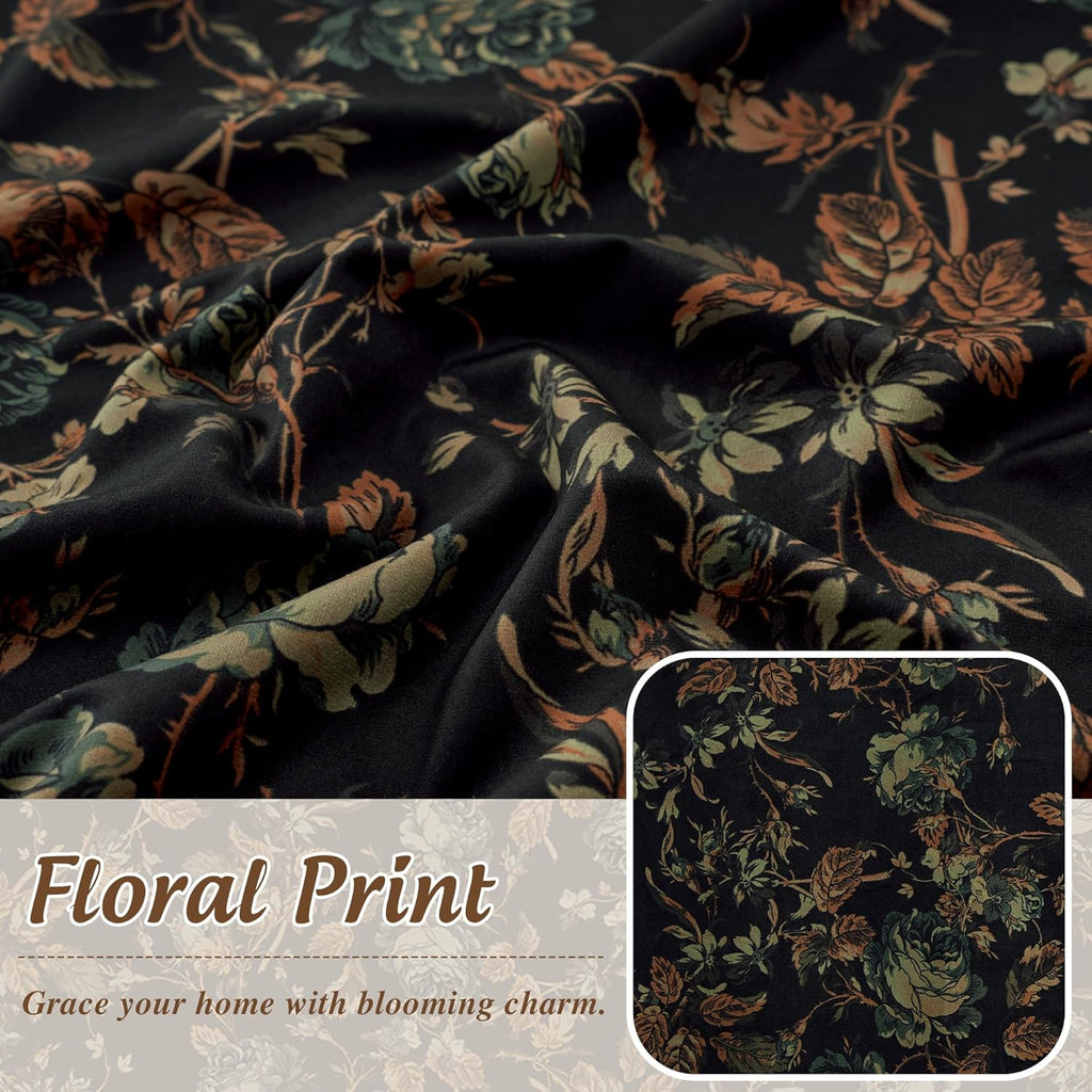 Black Floral Roman Shades for Windows, Cordless Magnetic Velvet Window Blind with Privacy Vintage Moody Botanical