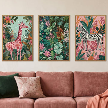 Boho Sage Green Pink Giraffe Zebra Jungle Framed Canvas Wall Art Set, Natural Safari Tropical Wildlife Wall Decor