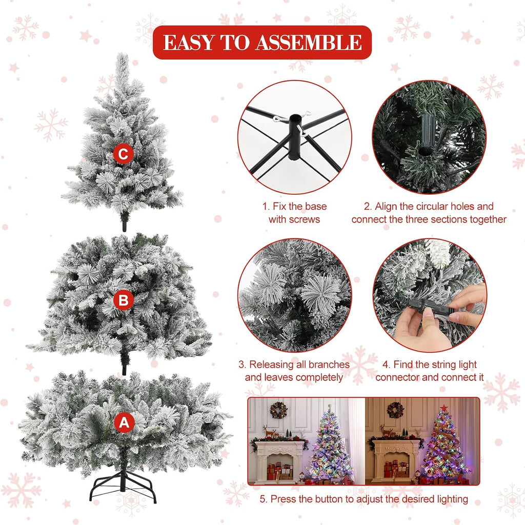 6ft Christmas Decorations Realistic Snow-Flocked Pine Christmas Tree - Premium PVC & PE Construction with 850 Branch