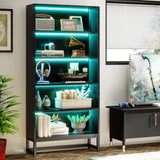 Tall Bookcase Black Bookshelf, 70.8” Large Bookcases Organizer with LED Lights