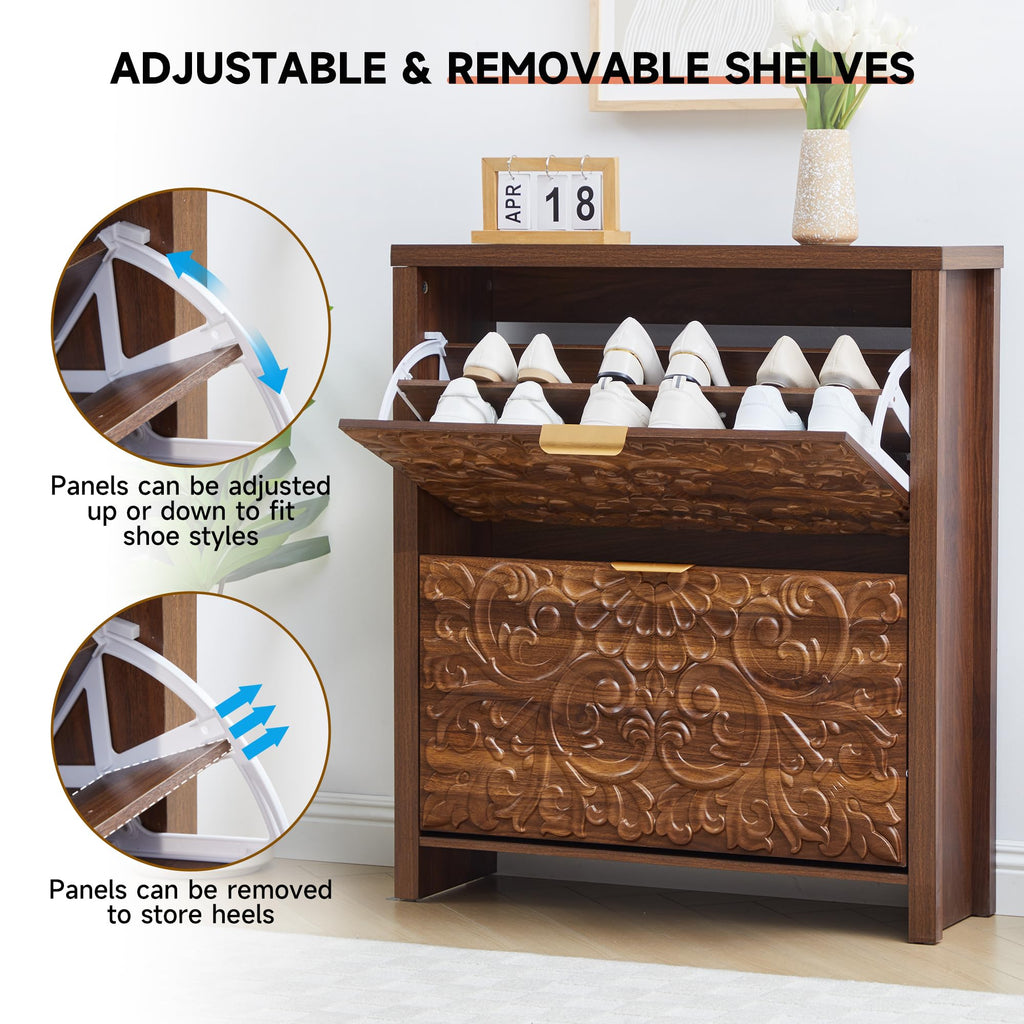 Shoe Cabinet with Flip Drawers, Narrow Shoe Storage Cabinet, 2-Tier Hidden Shoe Organizer with Floral Embossed