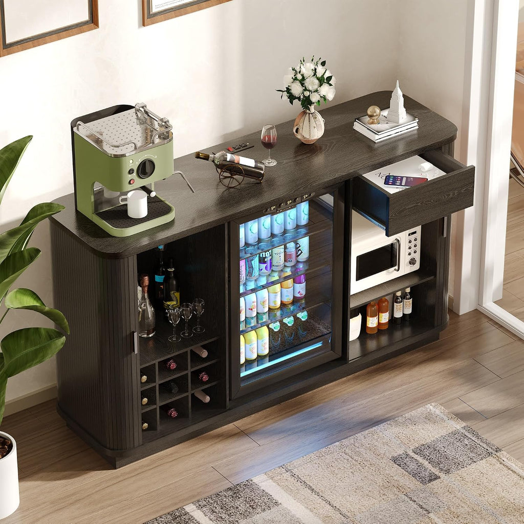 Coffee Bar Cabinet with Fridge Space, Liquor Wine Bar Cabinets with Wine Rack and Glass Holder, Mini Fridge Cabinet