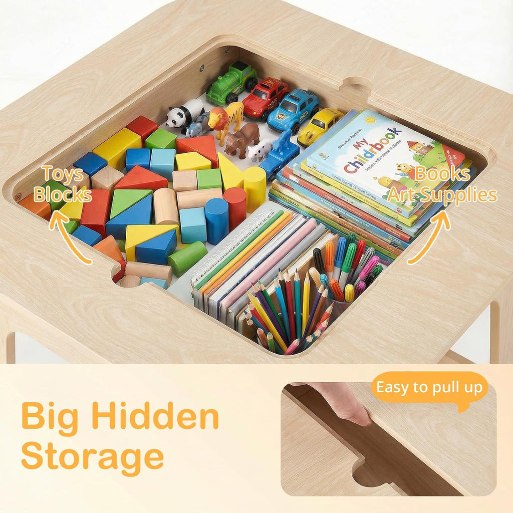 Kids Table and Chair Set, 3 in 1 Wooden Activity Table with Removable Tabletop, Blackboard and Whiteboard