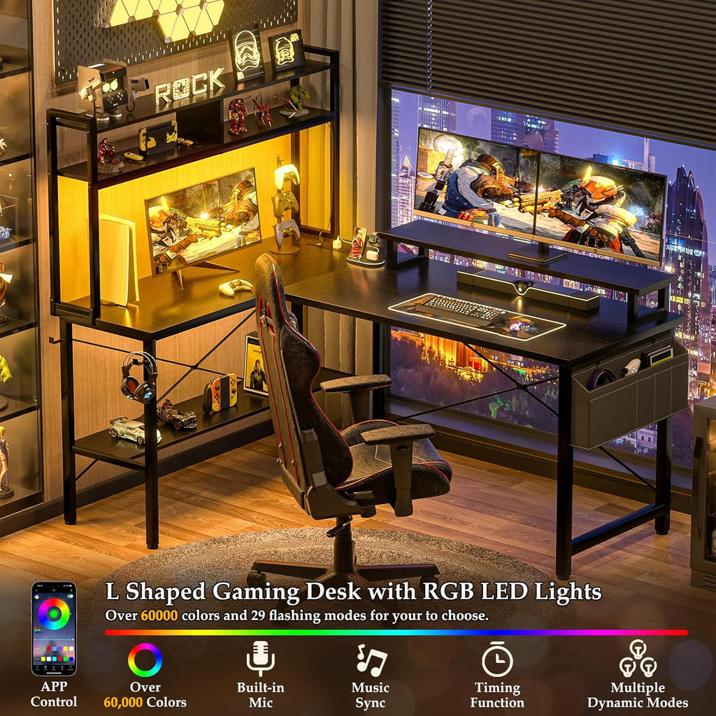 L Shaped Gaming Desk with Power Outlets & LED Lights, Black | Small L- Shaped Desk Computer Corner Desk with Monitor