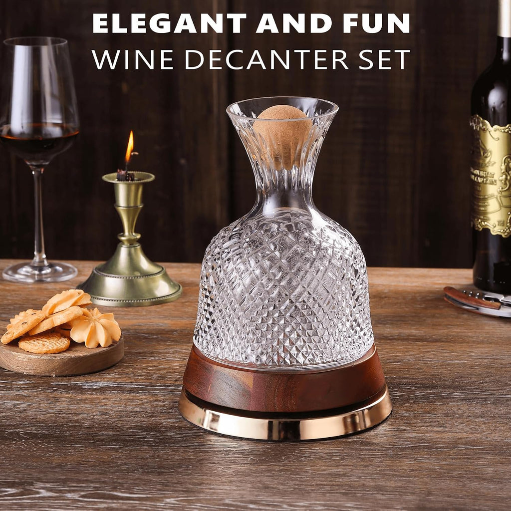 Rotating Wine Decanter with Wooden Base - 360° Spinning Wine Aerator for Fast Oxygenation, Crystal Clear Wine Carafe