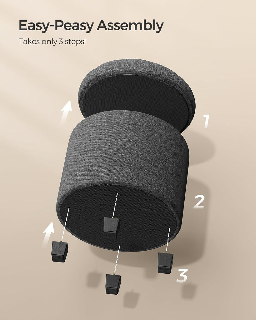 Round Ottoman, Ottoman with Storage, 17.7 Dia. x 17.5 H Inches Foot Rest with Legs, Load up to 330 lb, Dark Gray