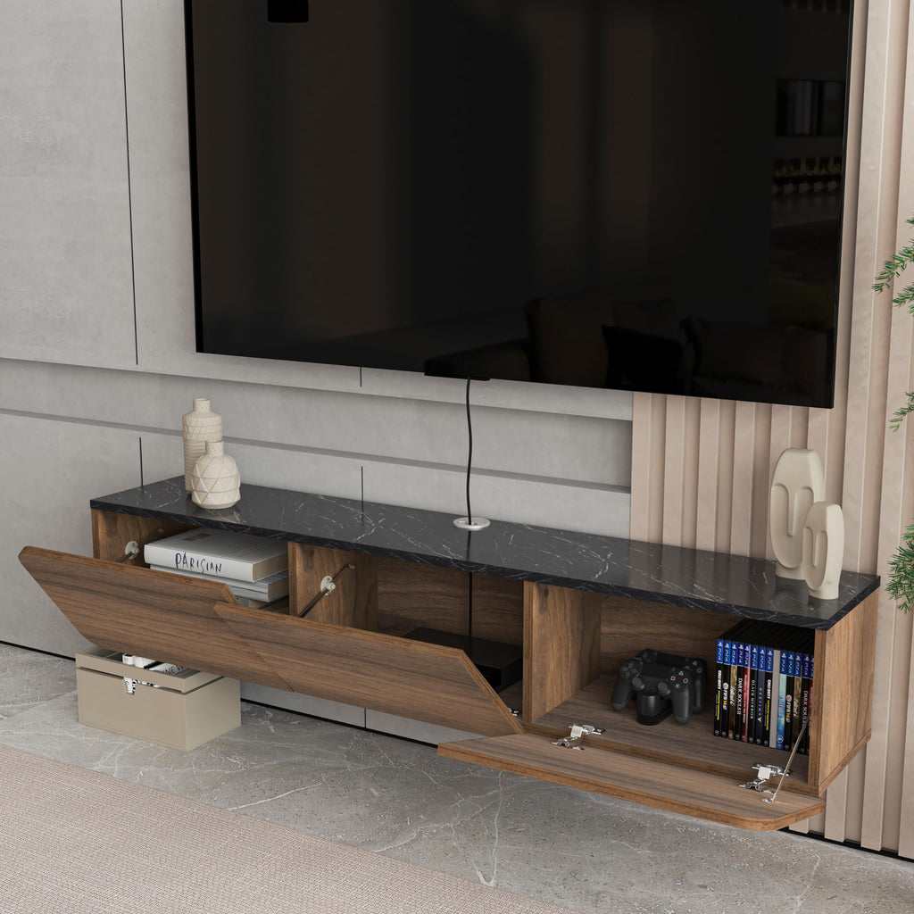 Mobili Floating TV Stand Wall Mounted - Modern Media Console for 65-80 inch TVs Walnut/Black Marble