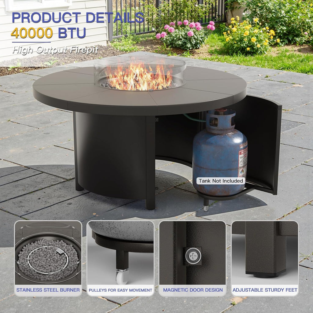 7 Piece Metal Outdoor Patio Furniture Set with 48" Round Fire Pit Table, Patio Conversation Sets 6 Fixed Chairs with