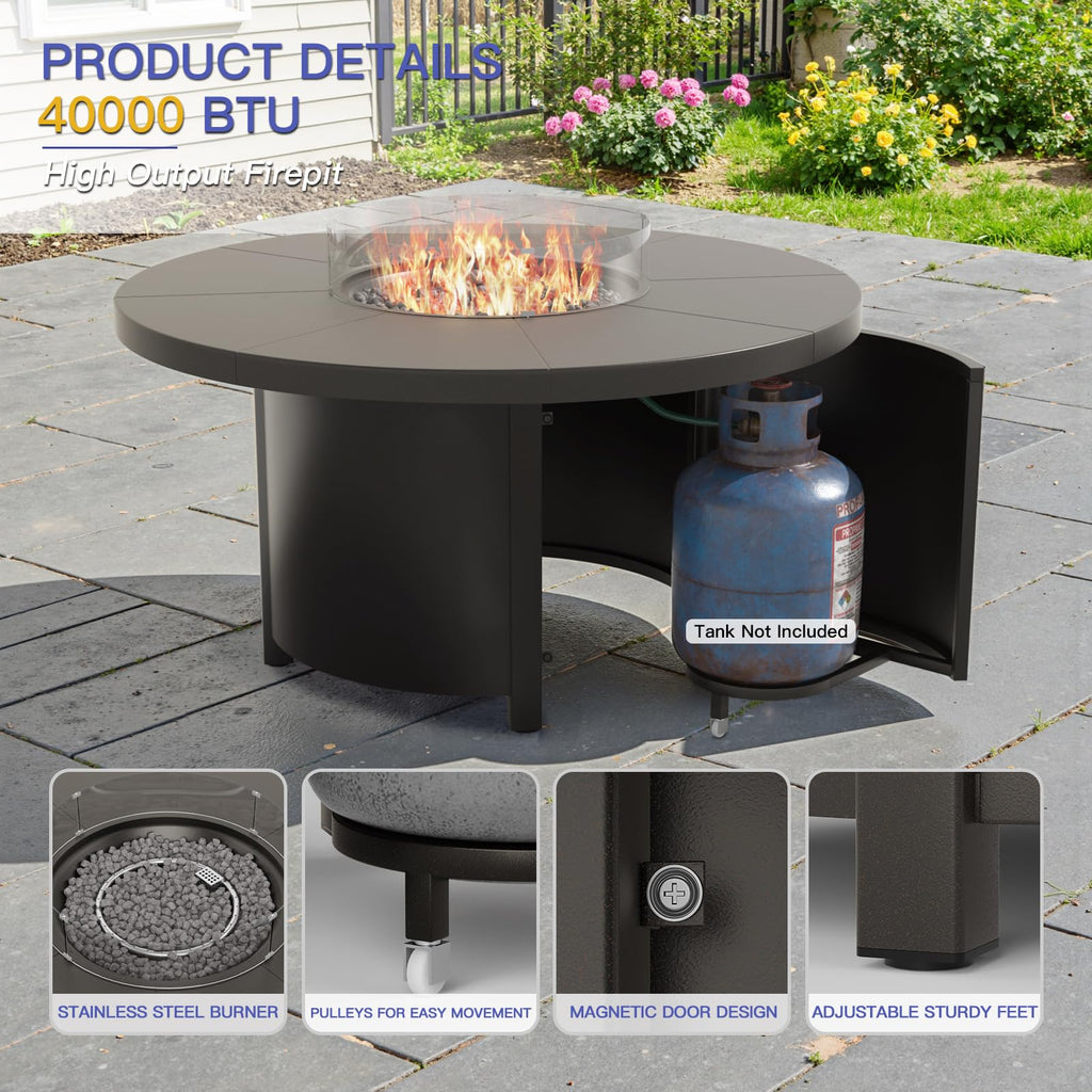 5 Piece Metal Outdoor Patio Furniture Set with Round Fire Pit Table, Patio Conversation Sets 4 Swivel Chairs with
