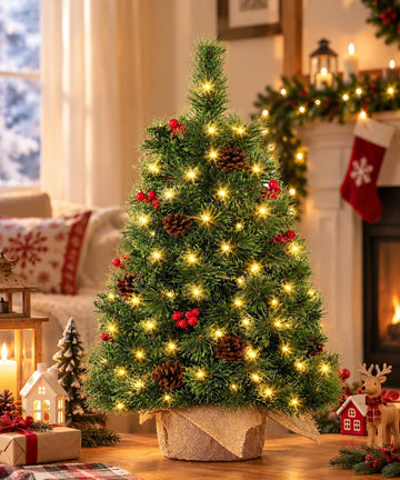 3ft Prelit Christmas Tree Tree with Burlap Wrapped Base,1 Pcs