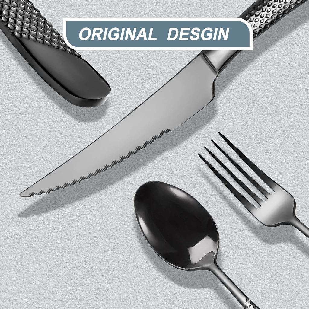 Hammered Black Stainless Steel 20-Piece Modern Flatware Set