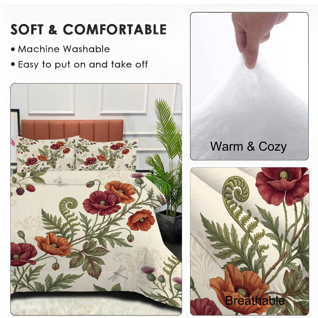 Comforter Set Baroque Floral Brocade Comfortable Microfibre Duvet | Beige Fluffy Bedding Set, Vintage