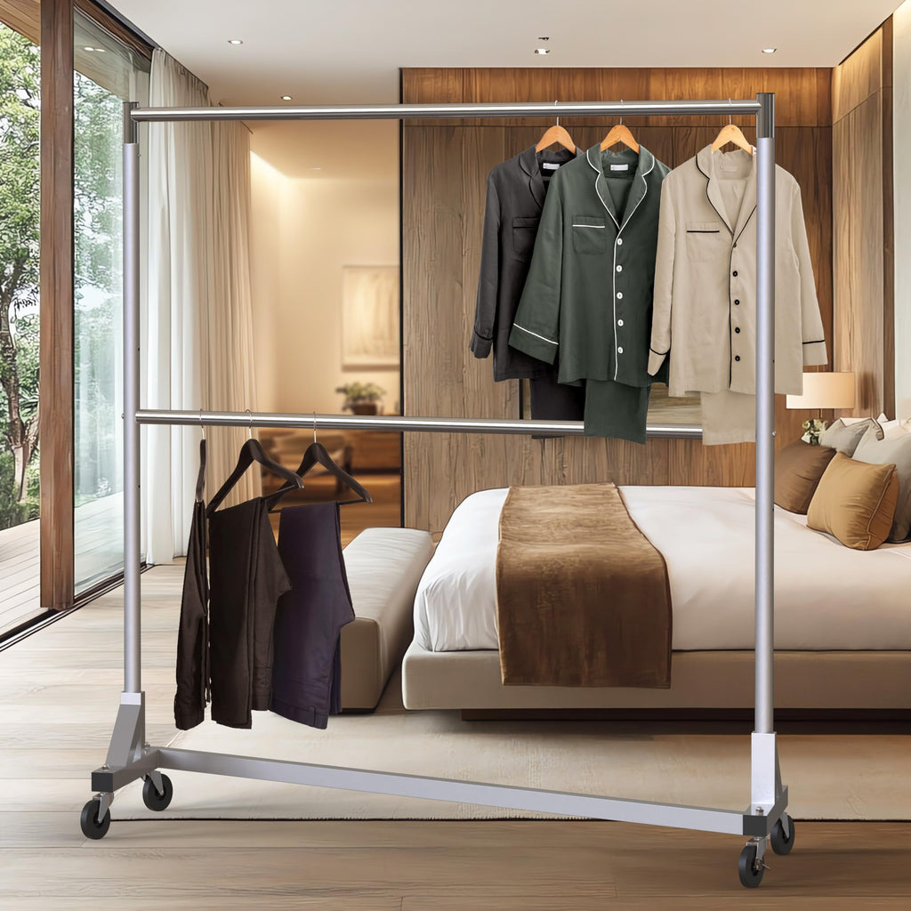 Commercial Grade Z-Base Double Rod Garment Rack, Silver