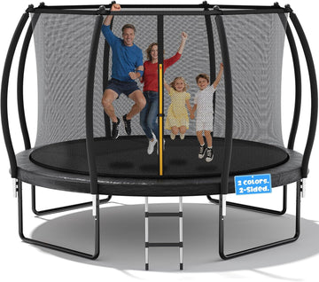 Trampoline Outdoor, 8FT 10FT 12FT 14FT Trampoline for Kids with Enclosure and Double-Sided Color - Blue&Black, ASTM