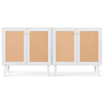 Boho Accent Storage Cabinet with Rattan Doors, Wood Grain Sideboard Buffet with Adjustable Shelves, Coffee Bar, White