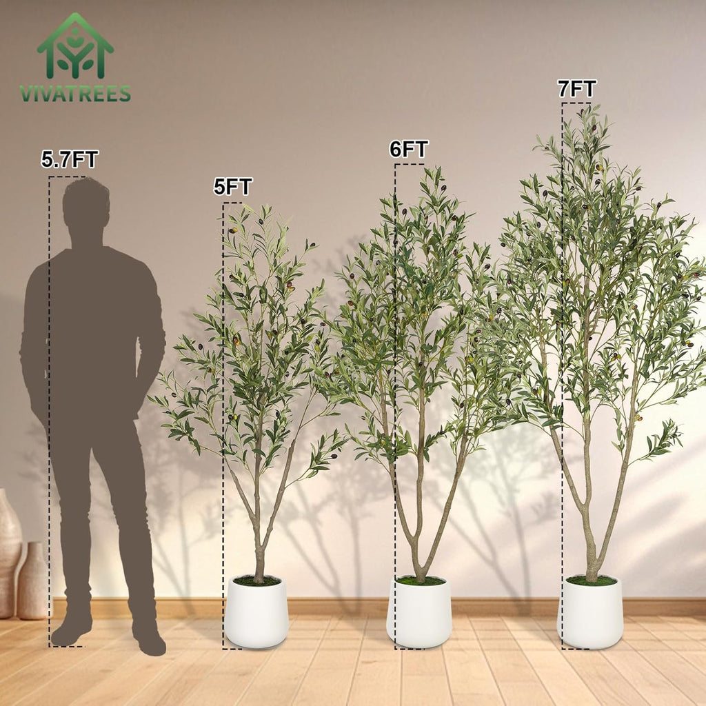 Olive Trees Artificial Indoor, 6FT Tall Faux Olive Tree with White Tall Planter, Artificial Plants with Natural Wood