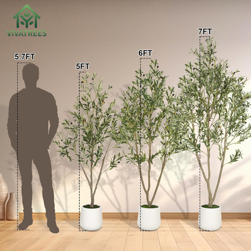 Olive Trees Artificial Indoor, 5FT Tall Faux Olive Tree with White Tall Planter, Artificial Plants with Natural Wood