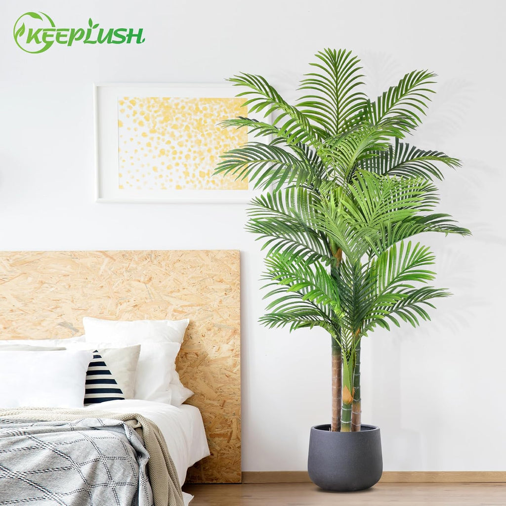 6ft Tall Triple Golden Cane Palm Artificial Tree Large Tropical Palm Tree UV Resistant Fake Plant in Pot Outdoor Big