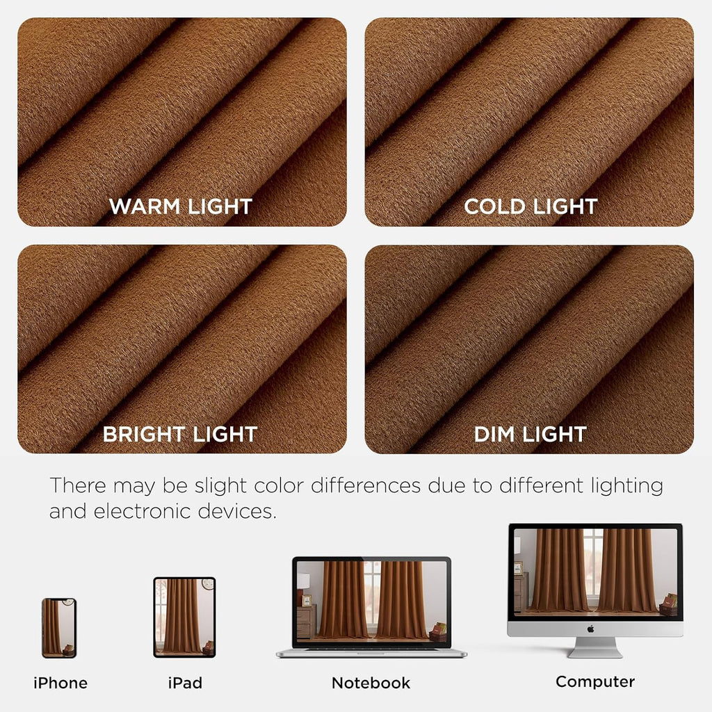 Golden Brown 100% Blackout Curtains 96 Inch 2 Panels, Luxury Thermal Brown Velvet Curtains for Bedroom Living Room