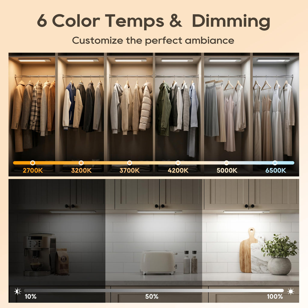10.5 Inch Under Cabinet Lighting, 6 Color Temps Motion Sensor Light Indoor, LED Power Display Rechargeable Battery