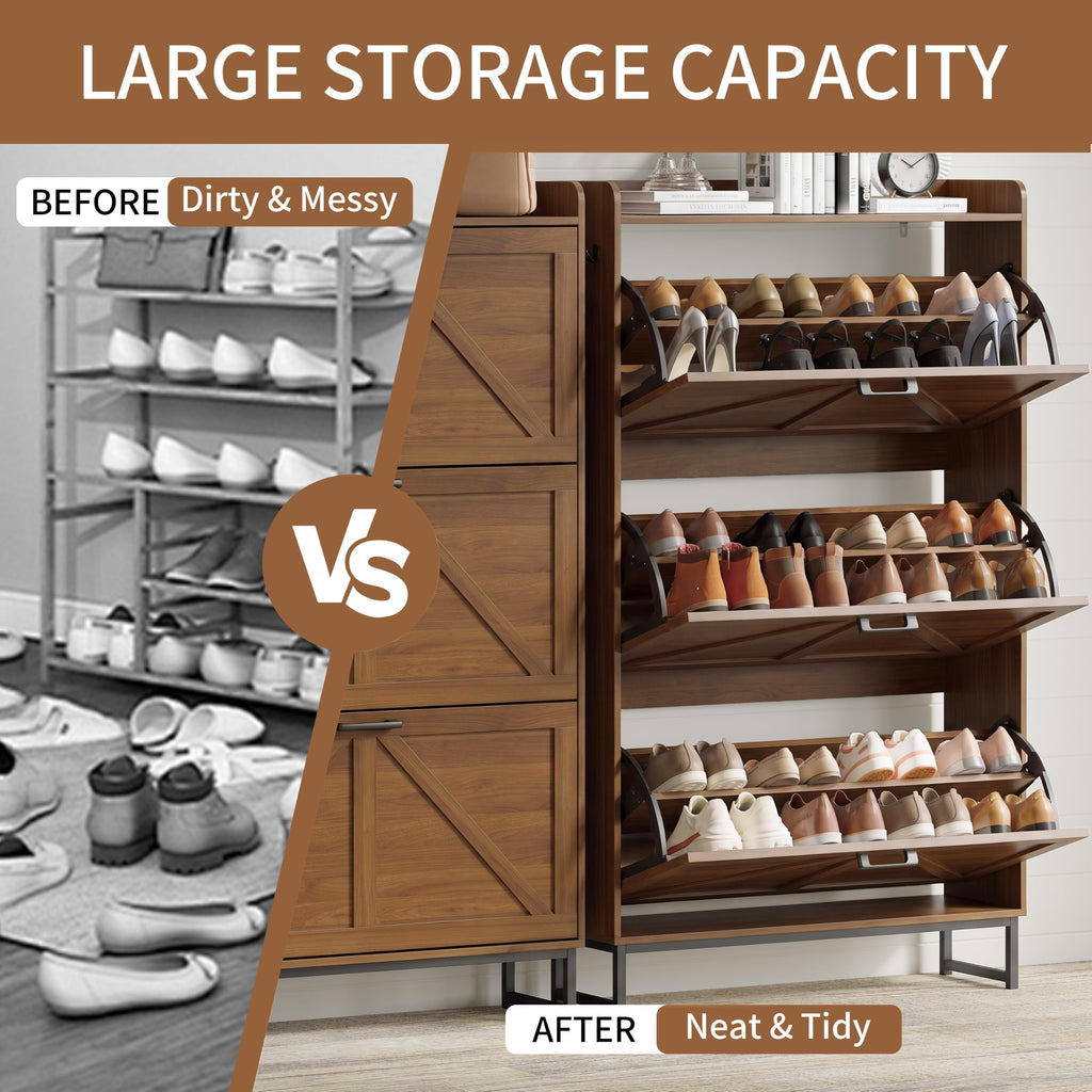 Shoe Storage Cabinet with 3 Flip Drawers, Entryway Shoe Rack, Walnut
