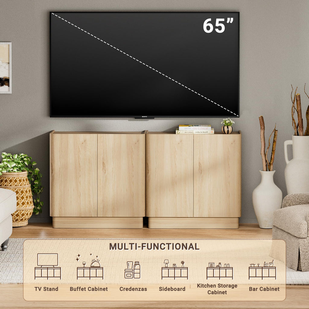 Sideboard Buffet Cabinet with Storage, 31'' Natural Oak Wood Buffet with Adjustable Shelves & 210° Wide-Opening