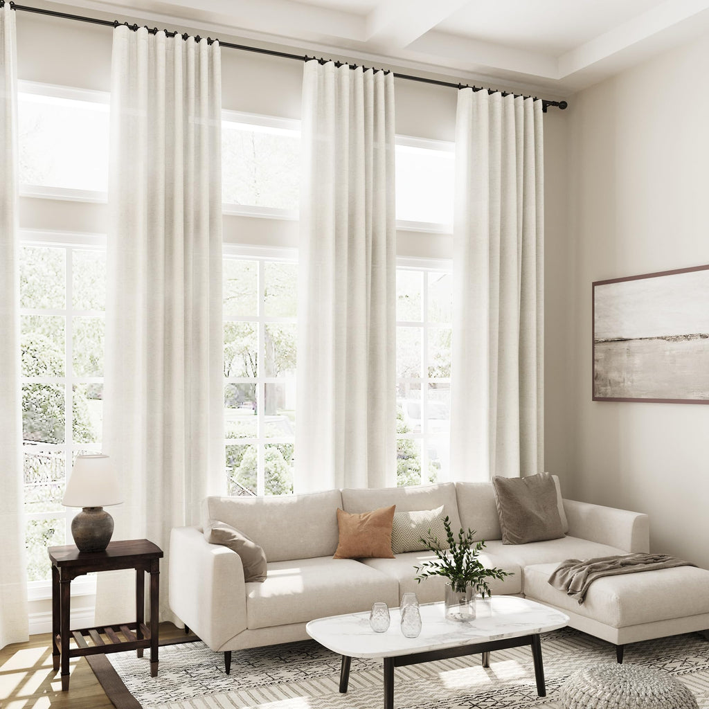 Cream Linen Curtains 99 Inches Long 2 Panels Set Back Tab Rod Pocket Semi Sheer Light Filtering Window Curtain Drapes
