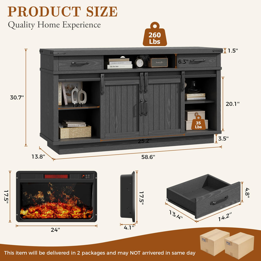 For TVs up to 65", Electric Fireplace with 3D Flame, Farmhouse LED Light Entertainment Center TV Console with with 2