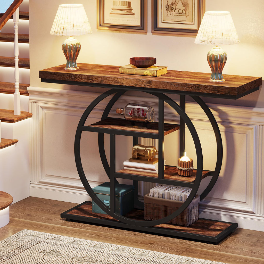 41.3" Console Table, Industrial 4-Tier Sofa Table Entryway Table with Circle Base, Narrow Wood Accent Tables with