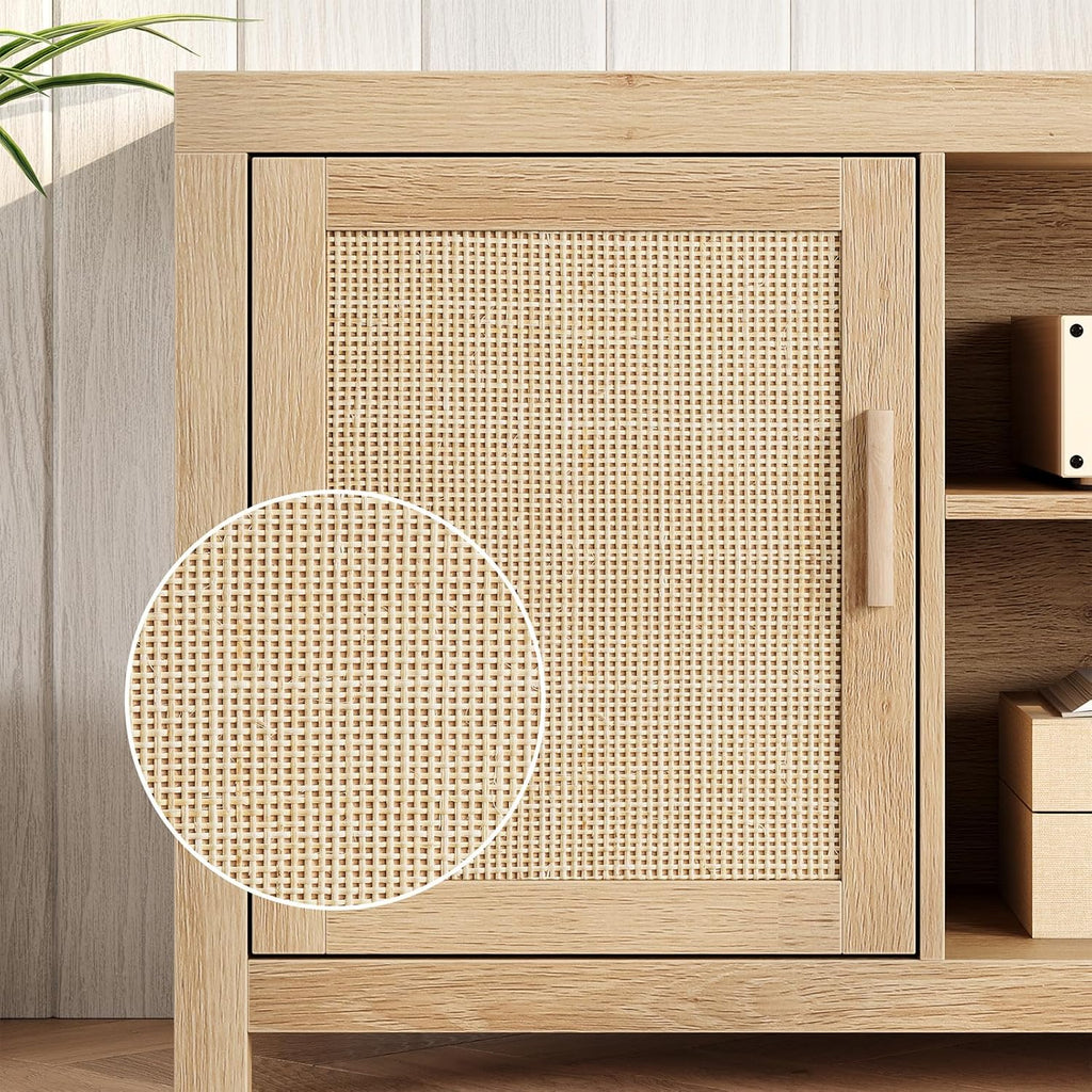 Rattan TV Stand for 75 inch, Boho Entertainment Center with Adjustable Shelves, Natural Oak TV & Media Cabinet 2-Tier