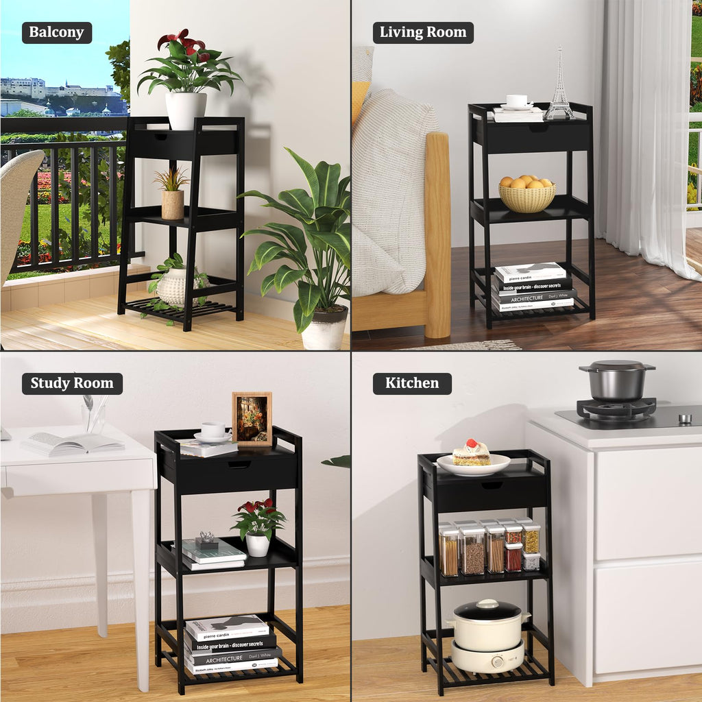 3 Tier Bamboo Bathroom Shelves with Drawer, Ladder Shelf Storage, Space-Saving Design, Stylish Display Nightstand