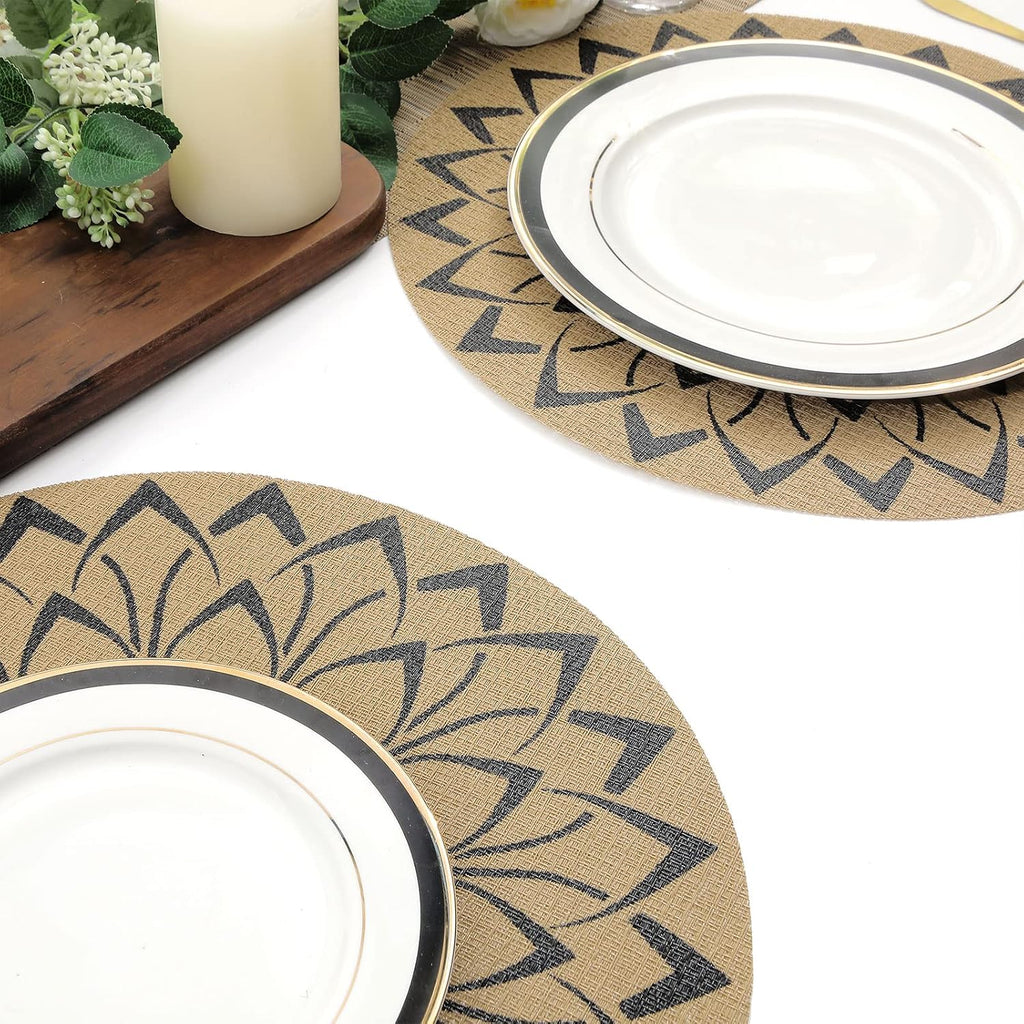15 inch Round Vinly Placemats Boho Flower Print Place Mats Wipeable Non Slip Stain Heat Resistant Woven - Set of 6