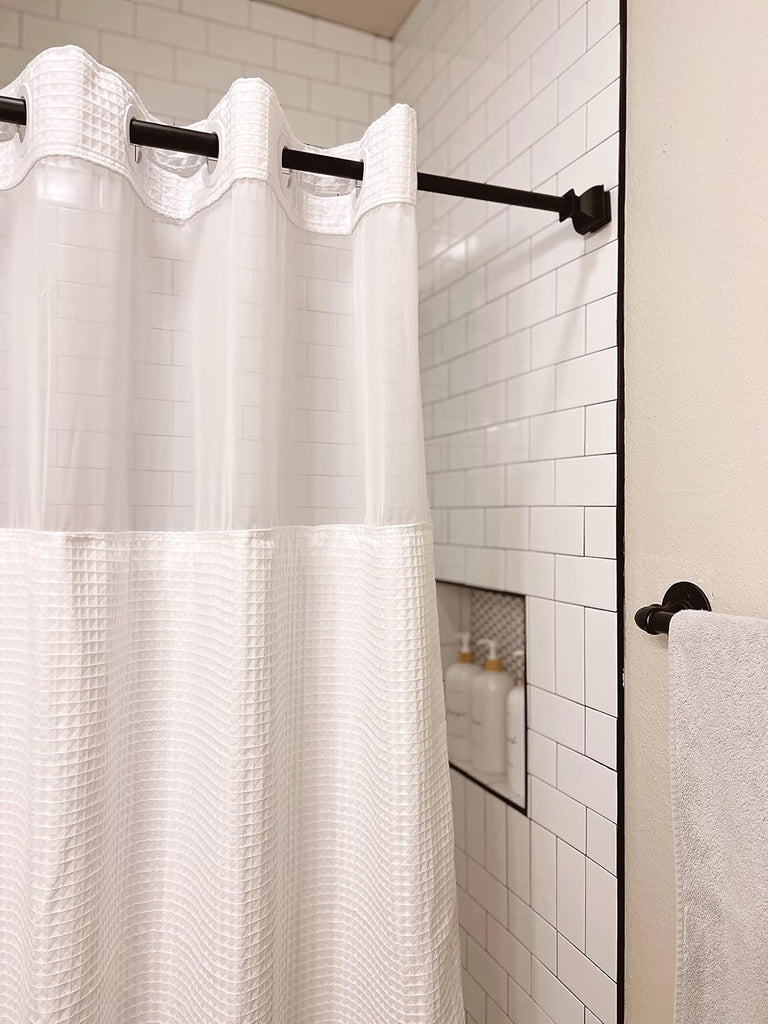 No Hook Waffle Weave Shower Curtain with Snap-in Fabric Liner Set | 71W x 74H,256GSM Waffle Weave White Hotel Grade