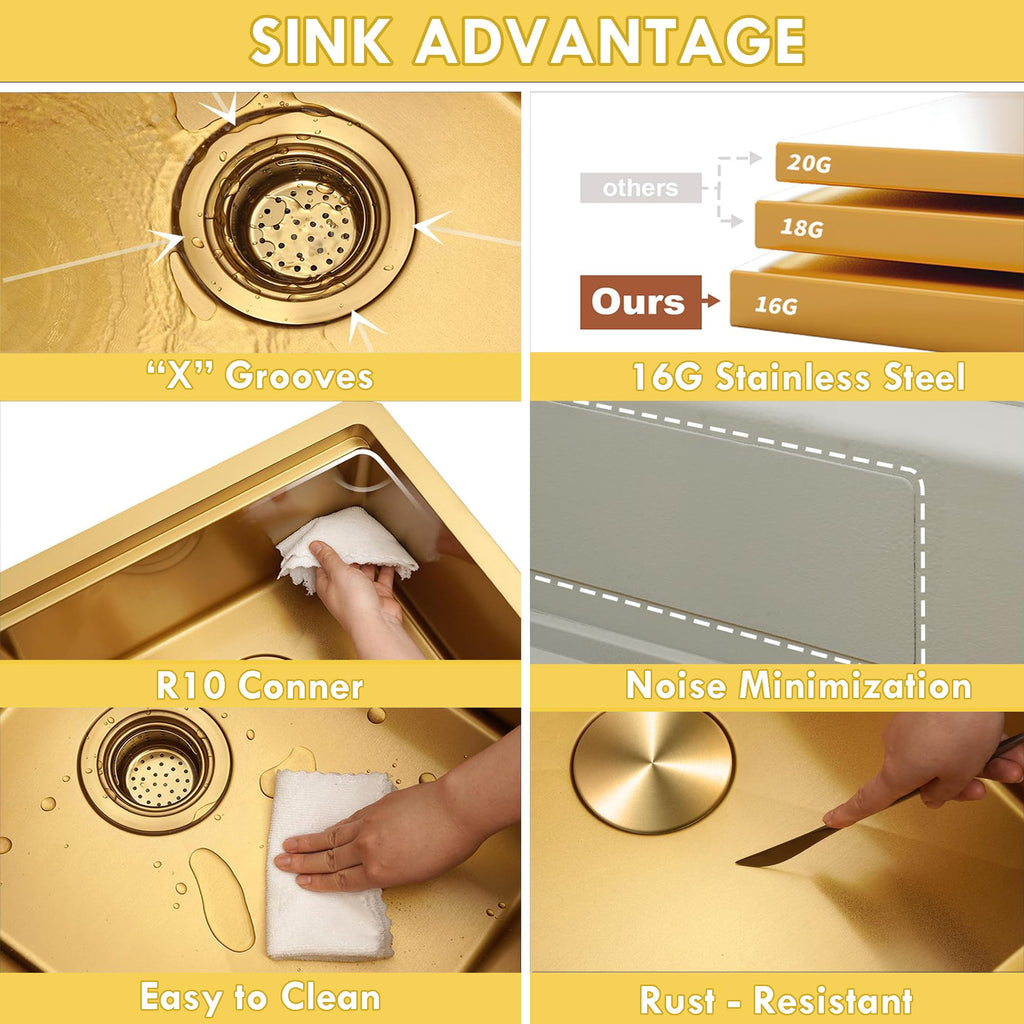 23 Inch Workstation Gold Kitchen Sink, 16 Gauge Undermount Sink
