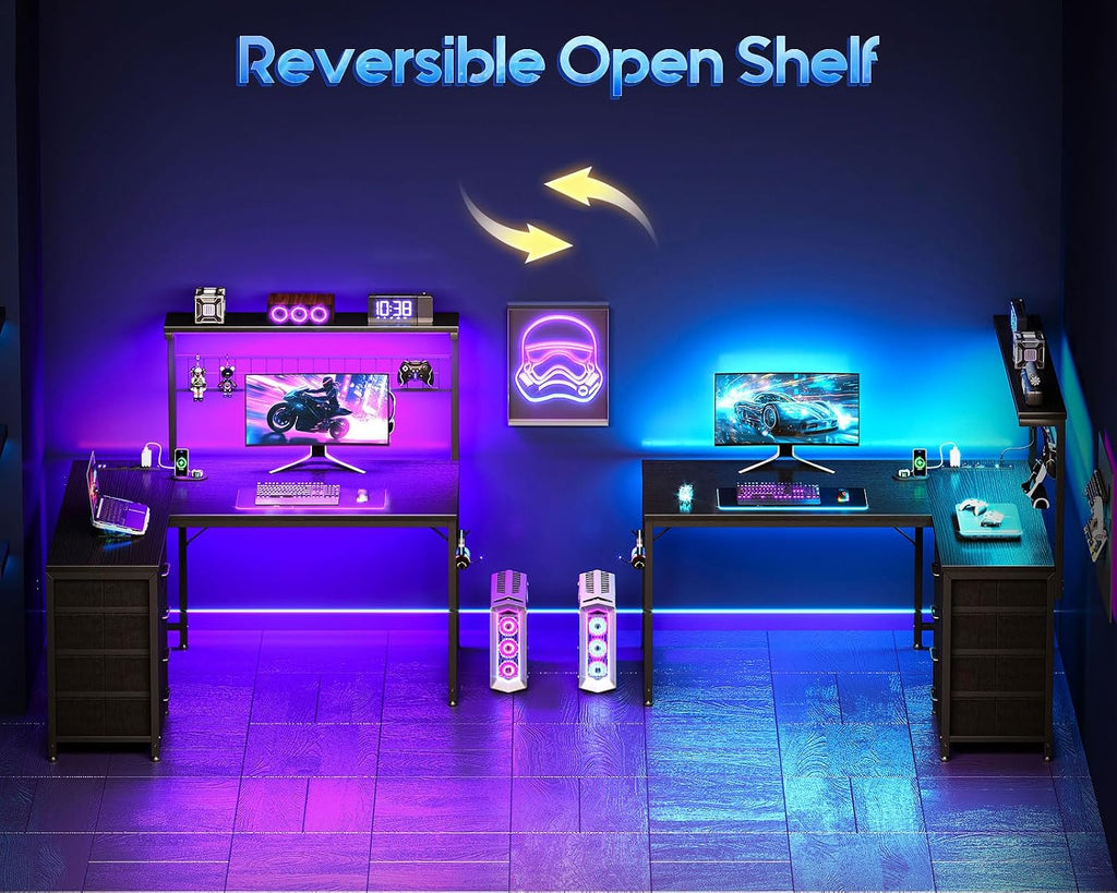 43" L Shaped Gaming Desk with Shelf & 4 Drawers, Black | Compact corner computer table. Reversible study desk with