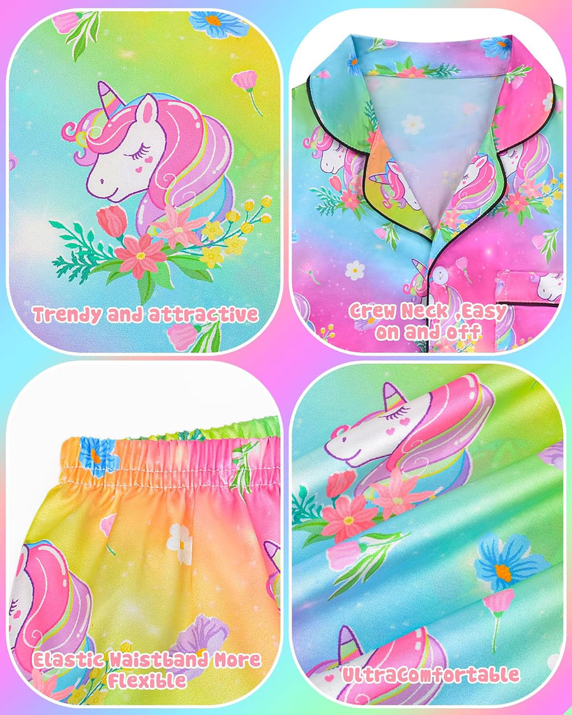 Girls Satin Pajamas Silk PJS Set Rainbow Unicorn Sleepwear Short Sleeve Long Pants Jammies for Toddler Kids