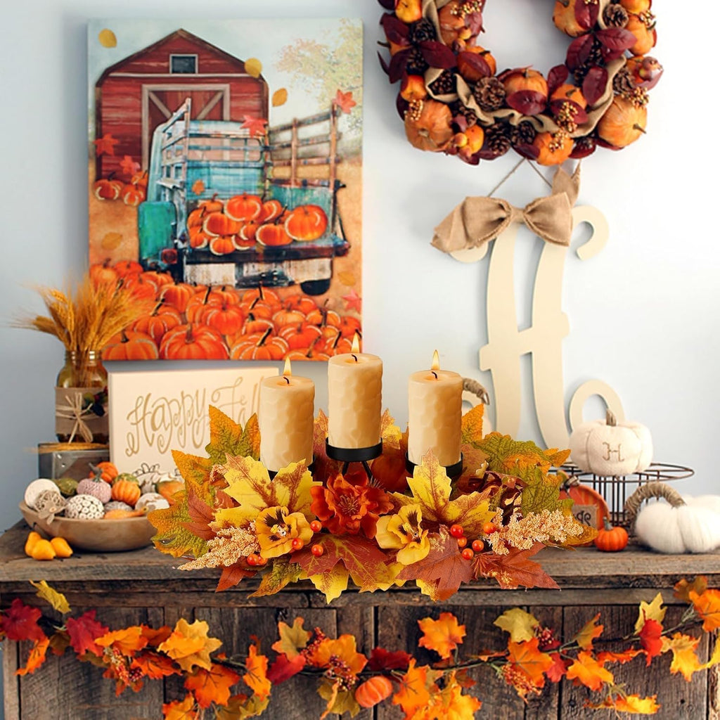 Fall Thanksgiving Centerpiece with 3 Candle Holders Harvest Table Centerpiece Decorations Autumn Maple Leaves - Set of 3