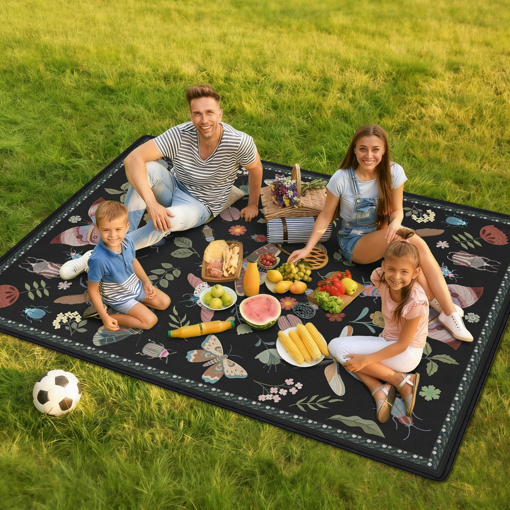 Insect Picnic Blankets Waterproof Foldable, 60′′X80′′ Packable Picnic Mat Boho Outdoor Blanket for Grass, Large Beach