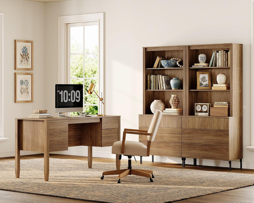 71.5" Tall Bookcase with 3 Drawers, Modern Fluted Bookcase with Adjustable Shelves, Wooden Storage Cabinet , Walnut