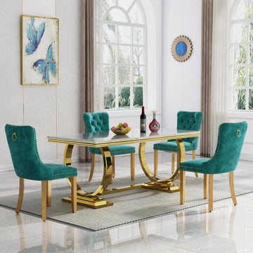 5 Piece Marble Dining Table Set, Modern Gold Kitchen Dining Room Table Set for 4, Luxury 68" White Marble Dining