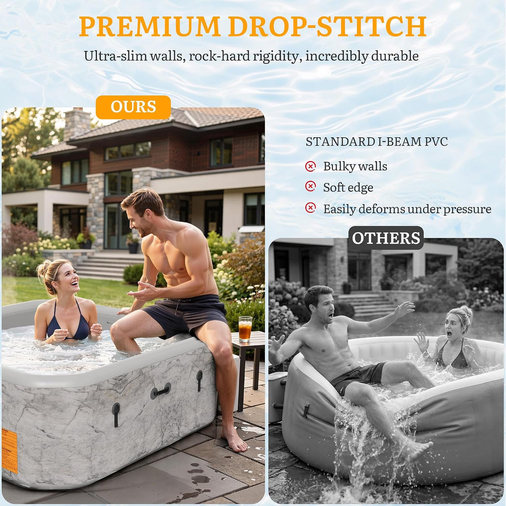 77-Inch Drop-Stitch Inflatable Hot Tub for 6 Person, Square Portable Outdoor Spa with 180 Massage Jets, Smart Heating