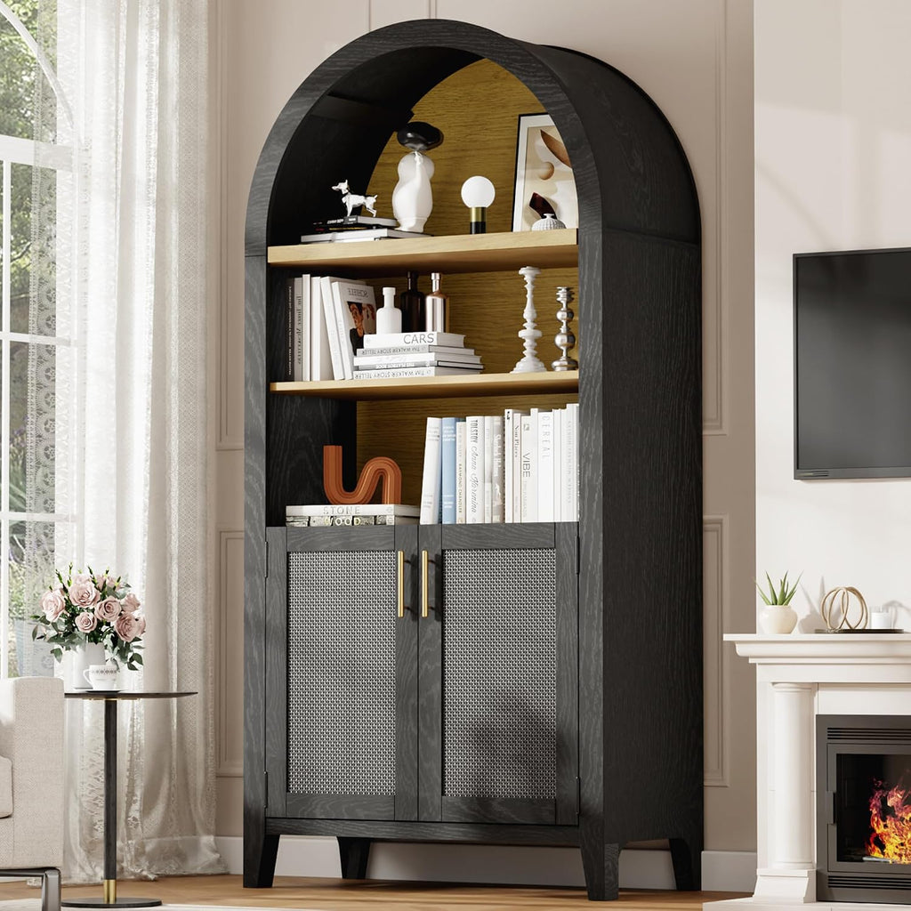63" Arched Storage Cabinet, 5-Tier Arched Bookshelf, Black & Rattan | Wood Storage Cabinet with Adjustable Shelvess