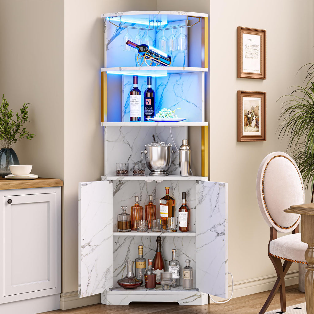 71'' Corner Bar Cabinet with LED Lights, 5-Tier Wine Rack with Power Outlets, Glass Holder and Door, Liquor Cabinet